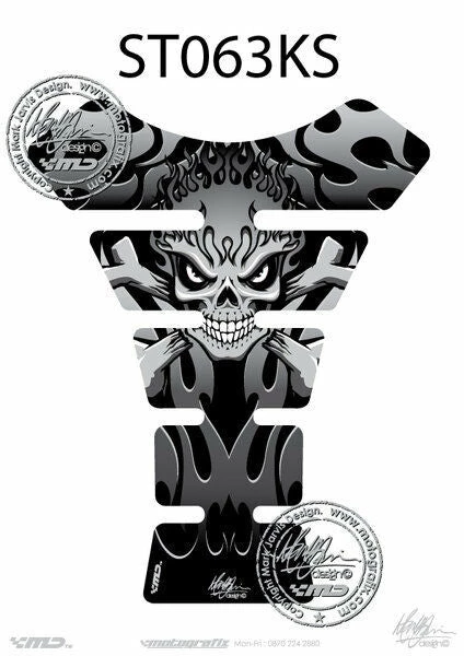 Flaming Skull & Crossbone SILVER 3D Gel Motorbike MotografixTankpad Protector